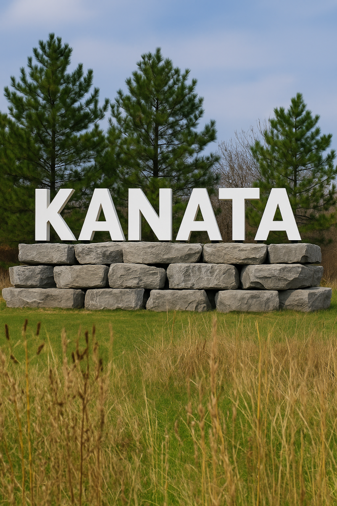 Large “KANATA” landmark sign on stone base surrounded by trees and grass, representing Kanata community.