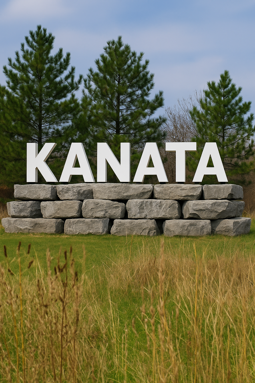 Large “KANATA” landmark sign on stone base surrounded by trees and grass, representing Kanata community.